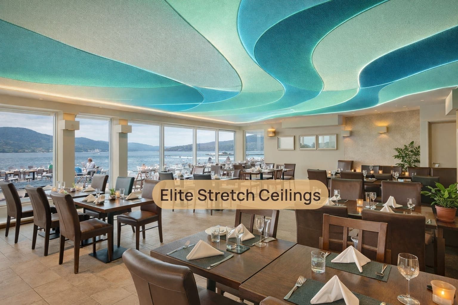 Commercial fabric stretch ceiling installation for a beach resort.