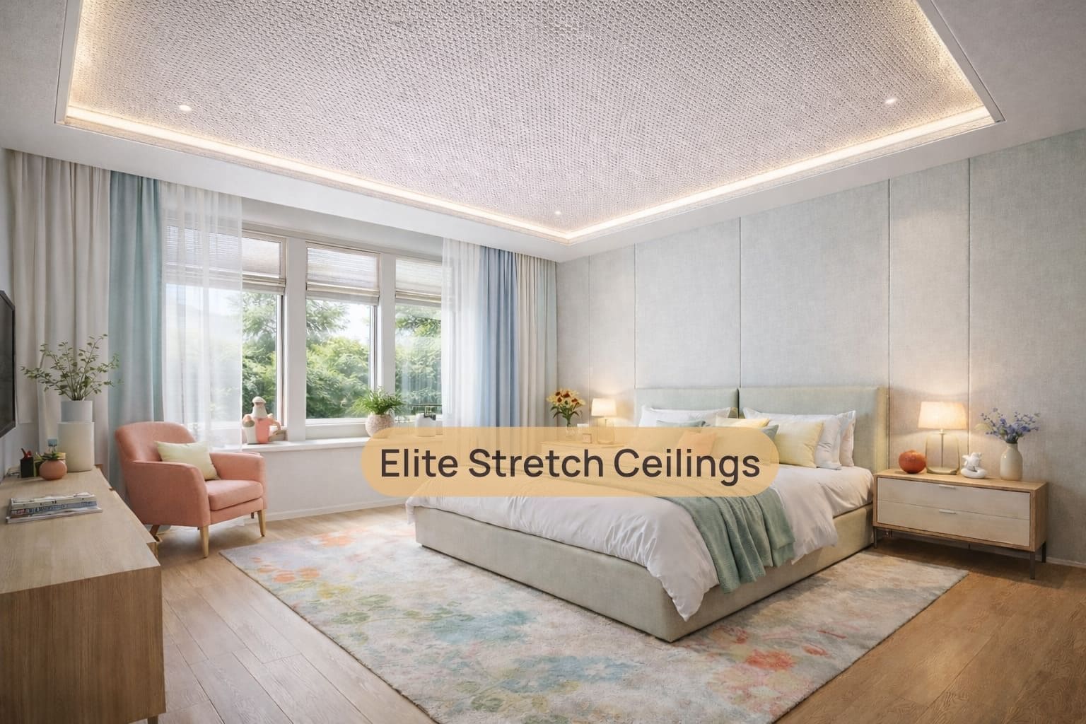 Residential fabric stretch ceiling installation for a bedroom.