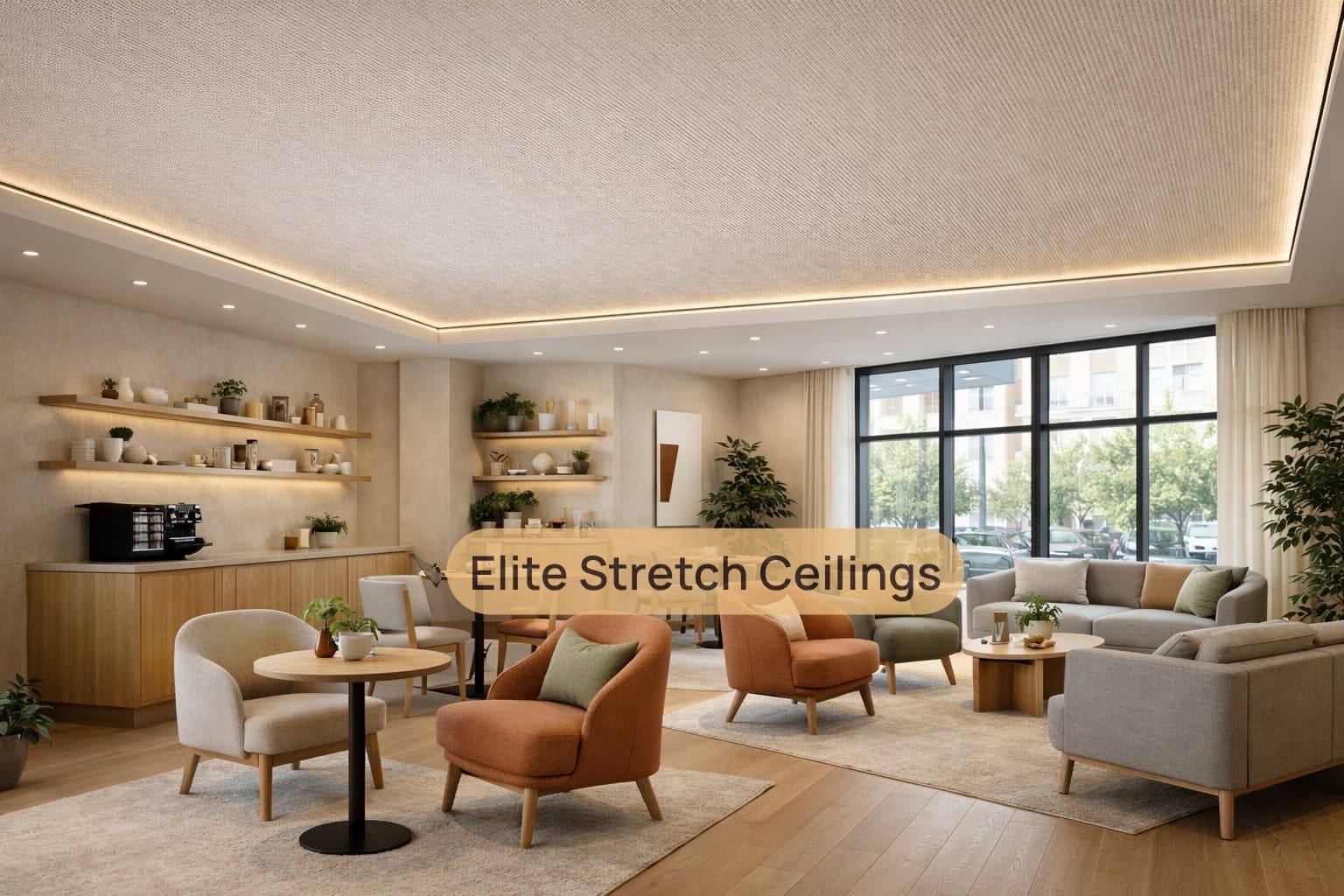 Office fabric stretch ceiling installation for a breakout space.