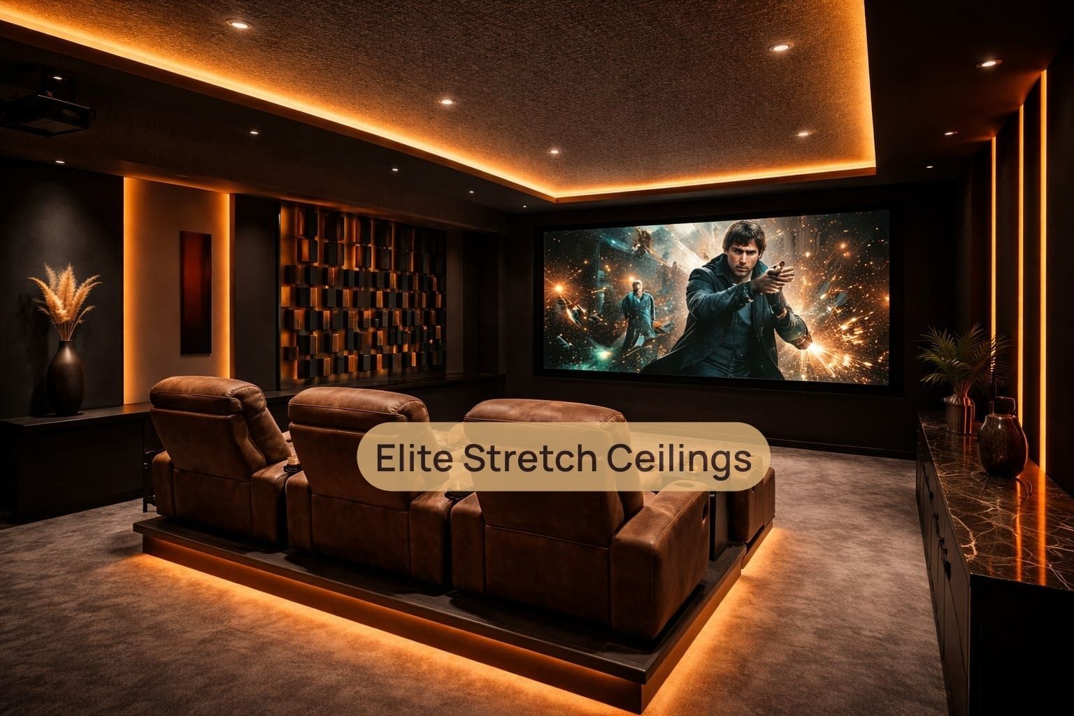 Commercial fabric stretch ceiling installation for a home cinema.