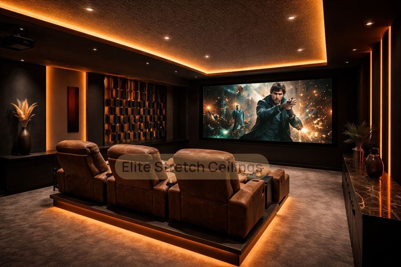 Commercial fabric stretch ceiling installation for a home cinema.