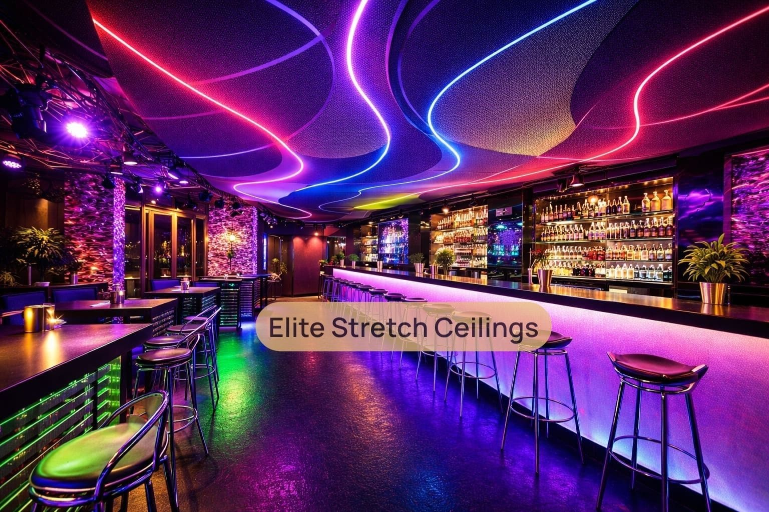 Commercial fabric stretch ceiling installation for a club.