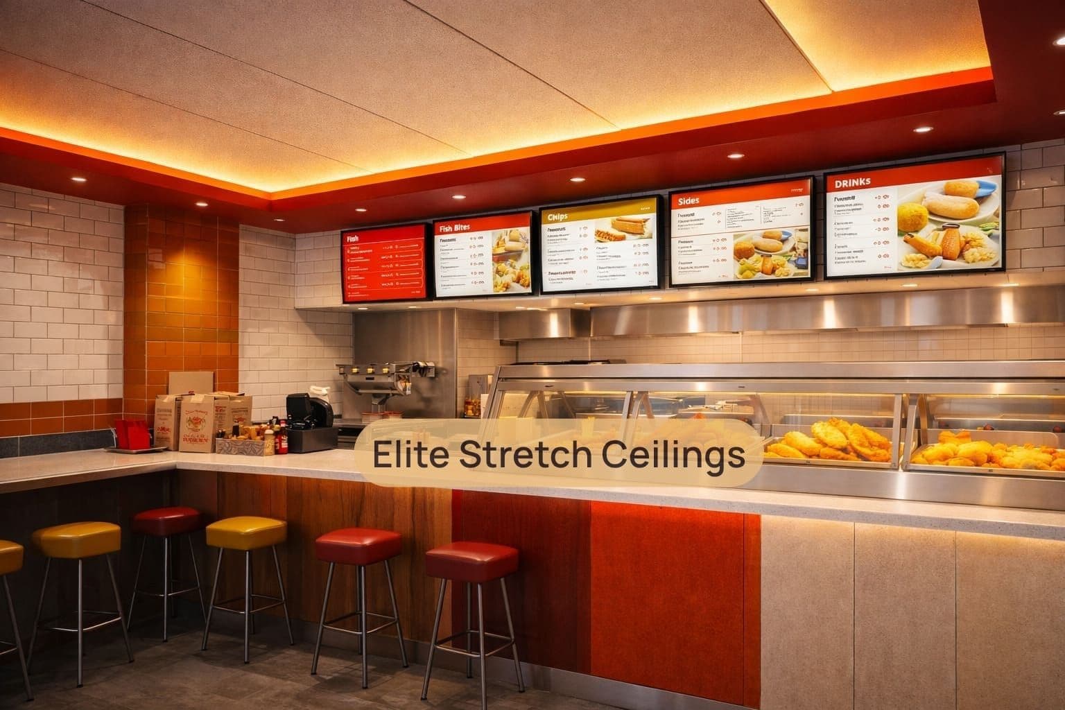 Commercial fabric stretch ceiling installation for a chippy shop.