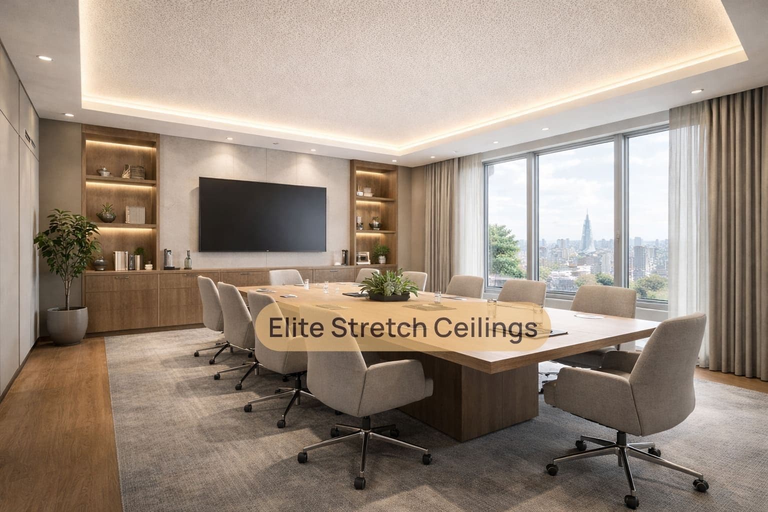 Office fabric stretch ceiling installation for a conference room.