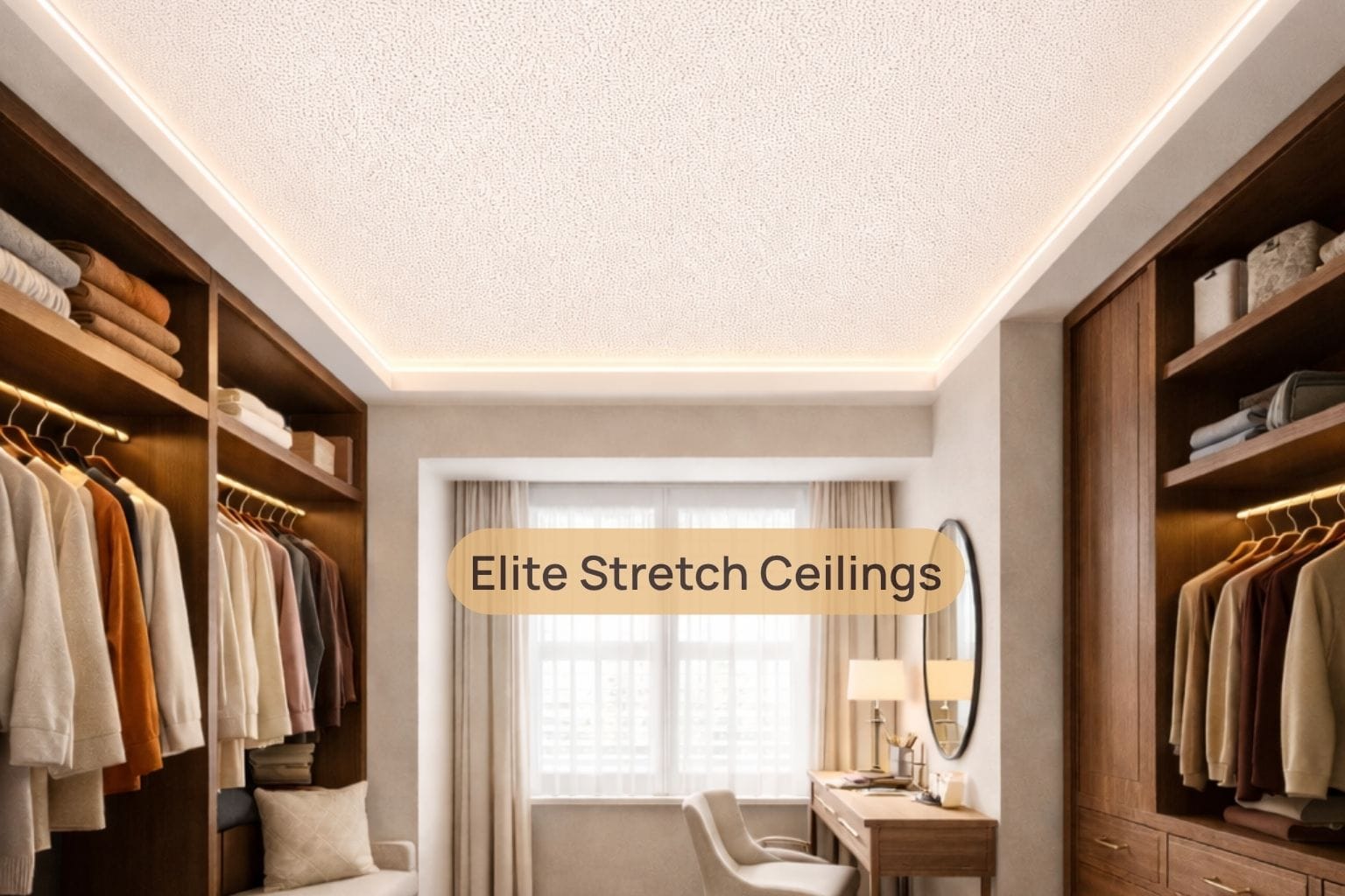 Residential fabric stretch ceiling installation for a dressing room.
