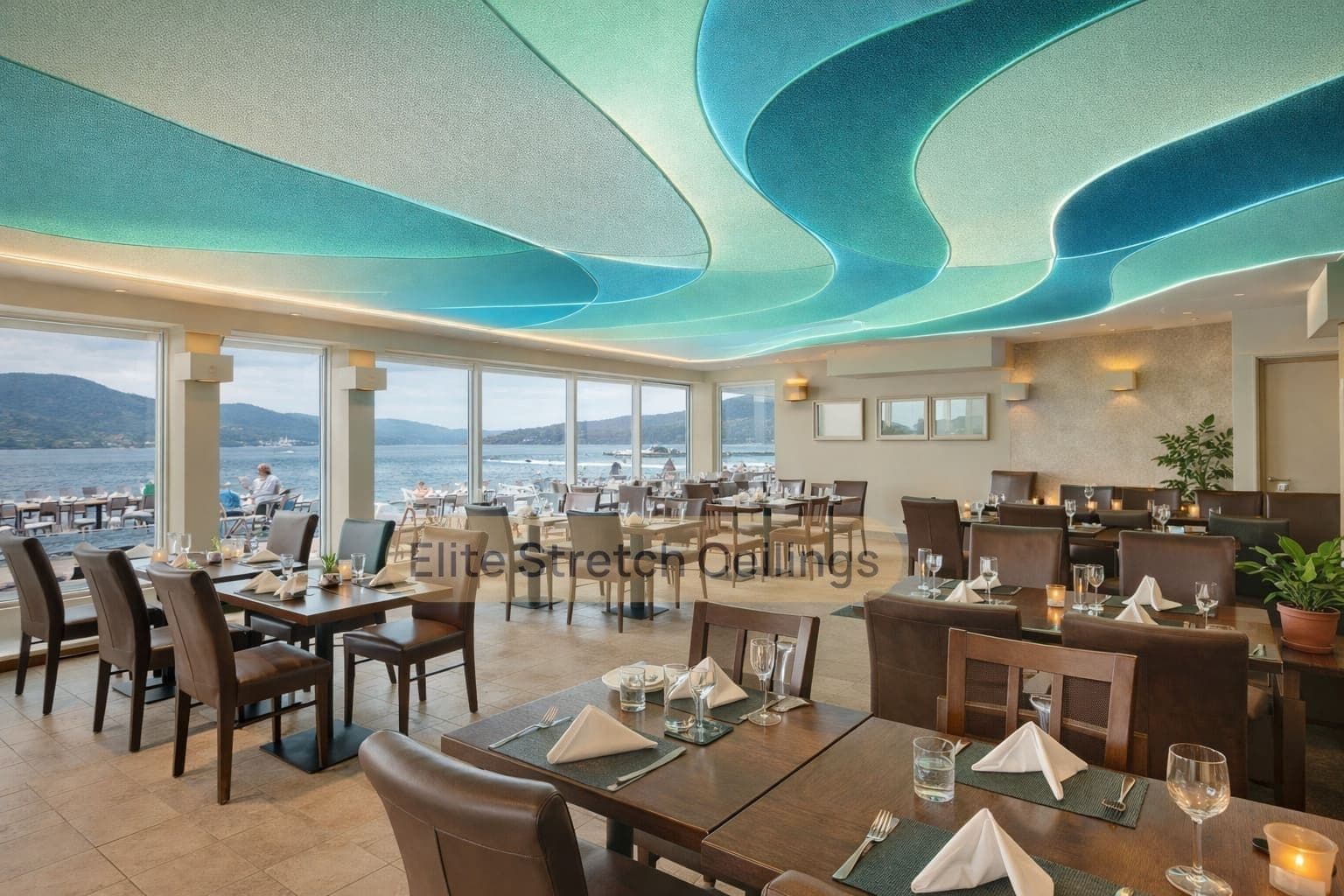 Commercial fabric stretch ceiling installation for a beach resort.