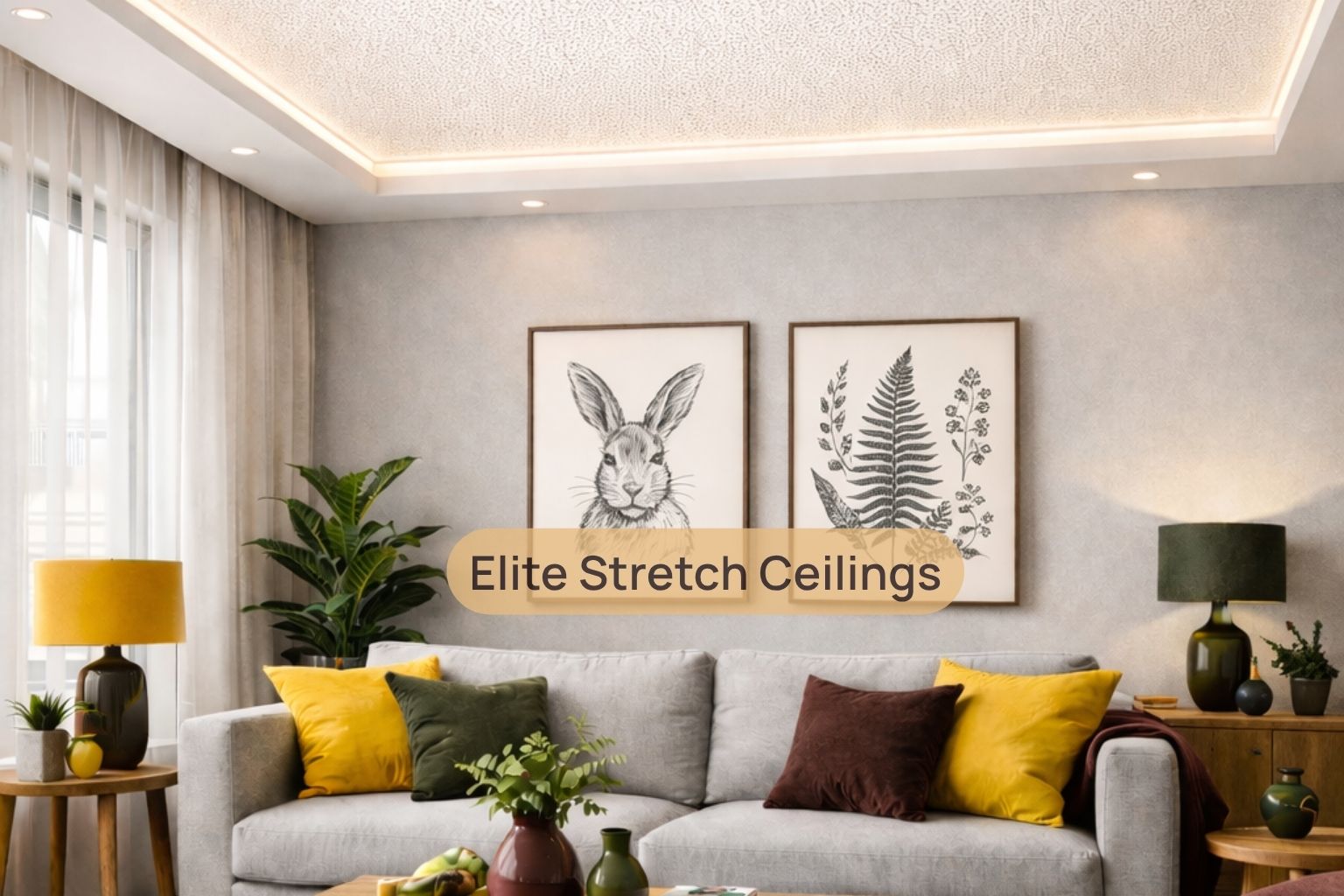 Residential fabric stretch ceiling installation for a living room.