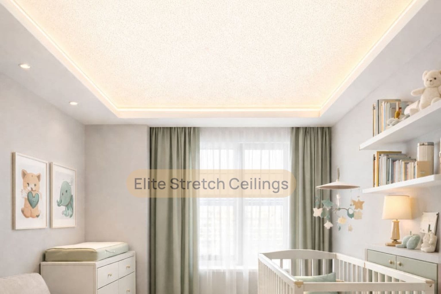 Residential fabric stretch ceiling installation for a nursery baby room.
