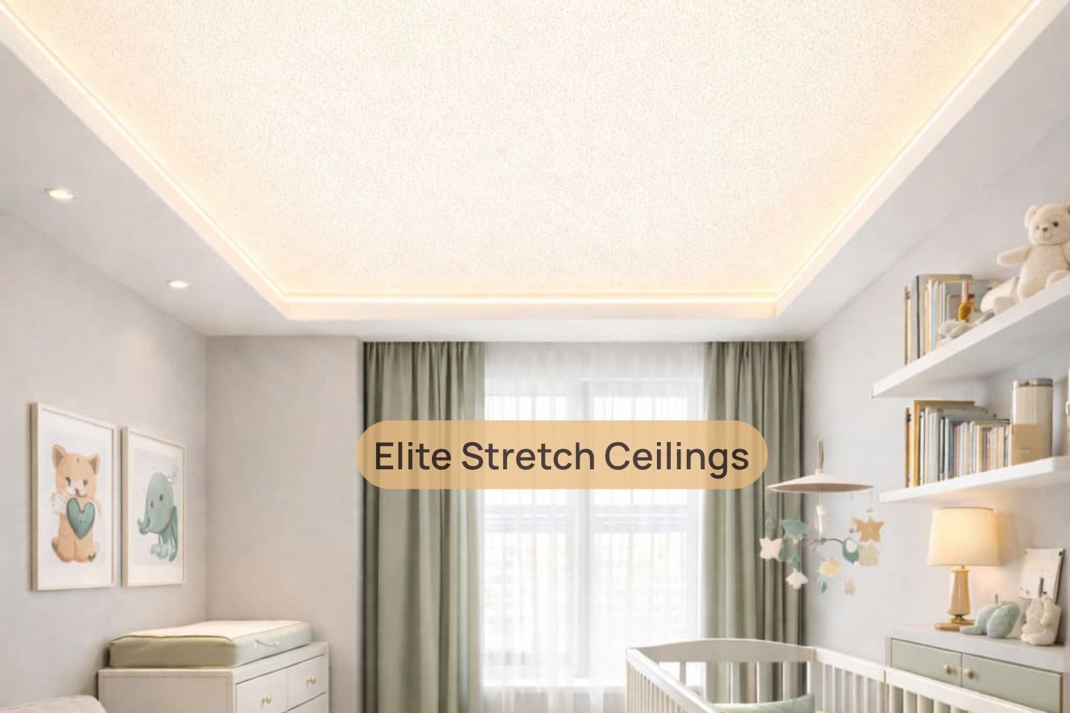 Residential fabric stretch ceiling installation for a nursery baby room.