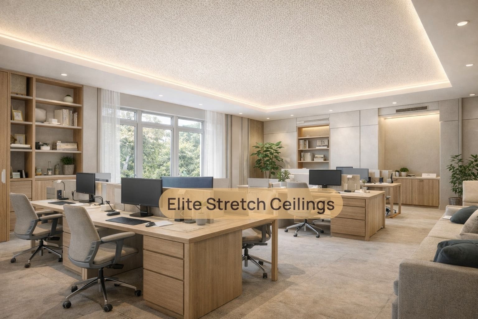 Office fabric stretch ceiling installation for a workspace.