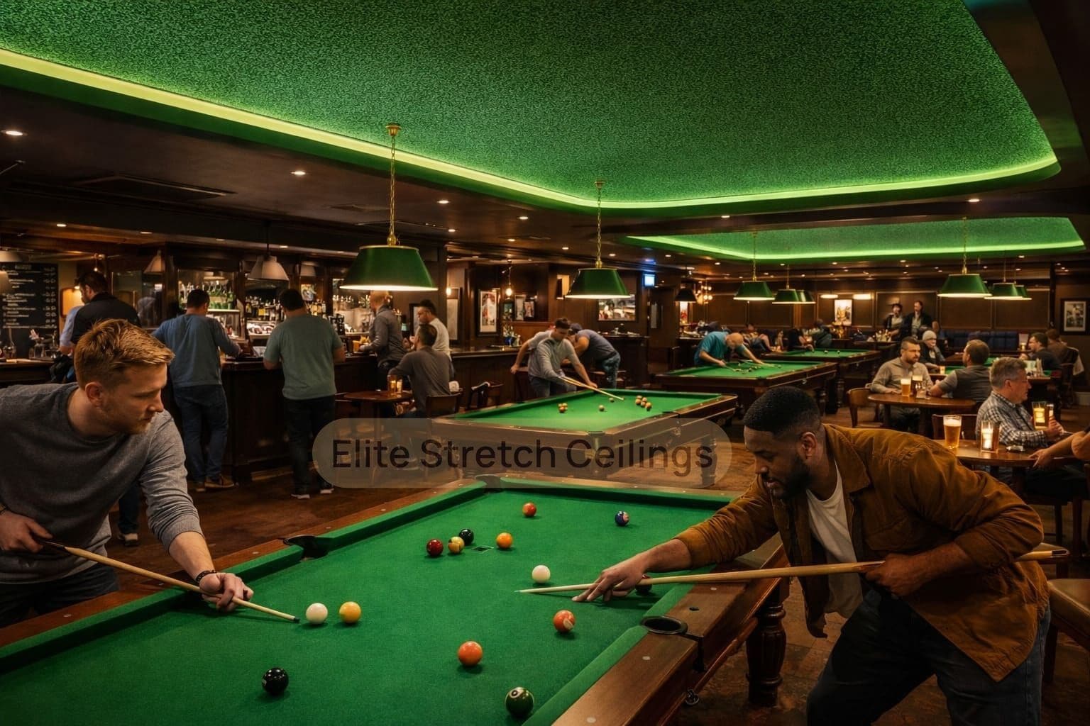 Commercial fabric stretch ceiling installation for a pool bar.