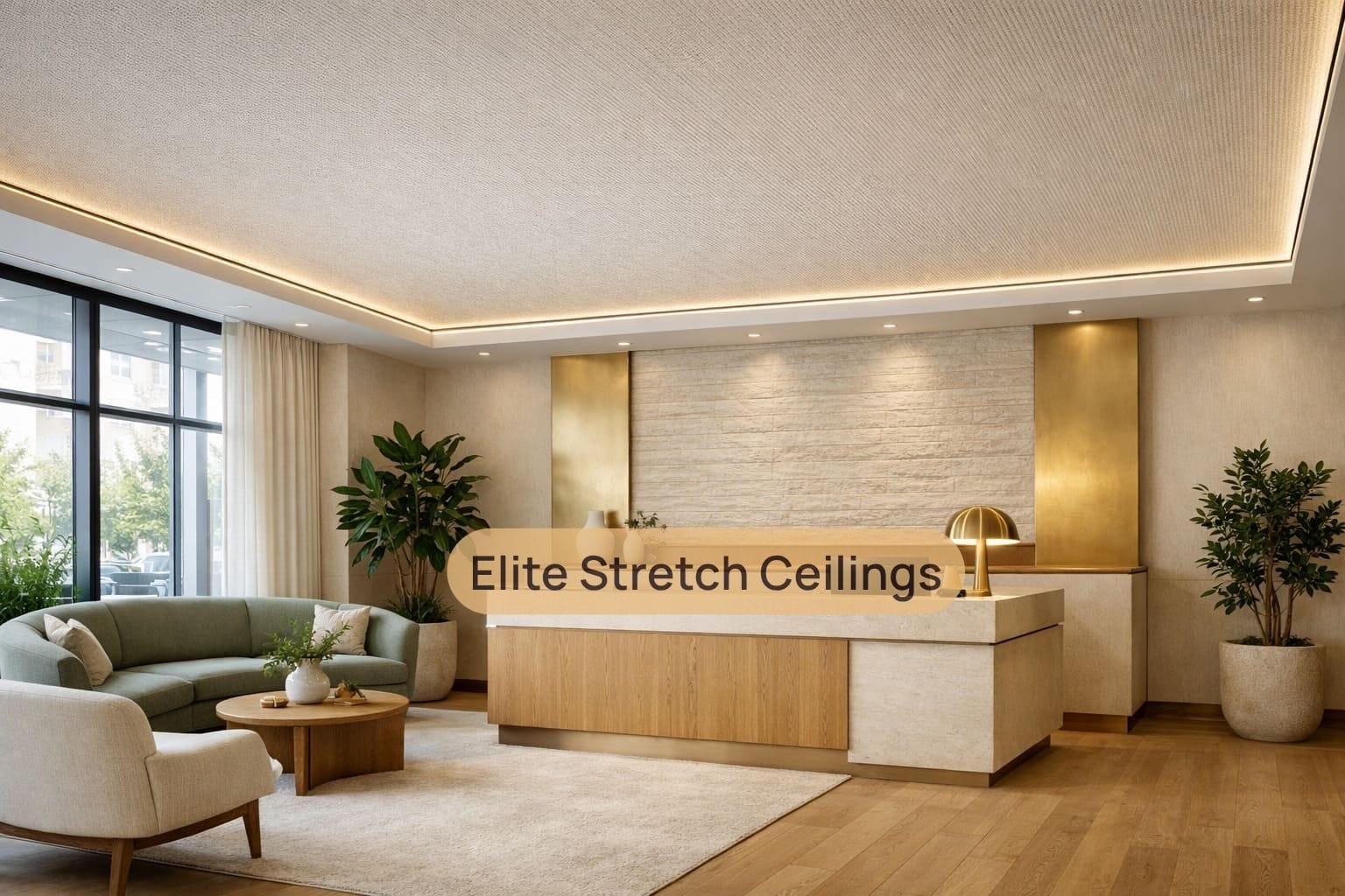 Office fabric stretch ceiling installation for a reception area.