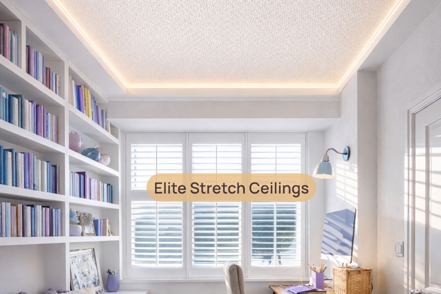 Residential fabric stretch ceiling installation for a study.