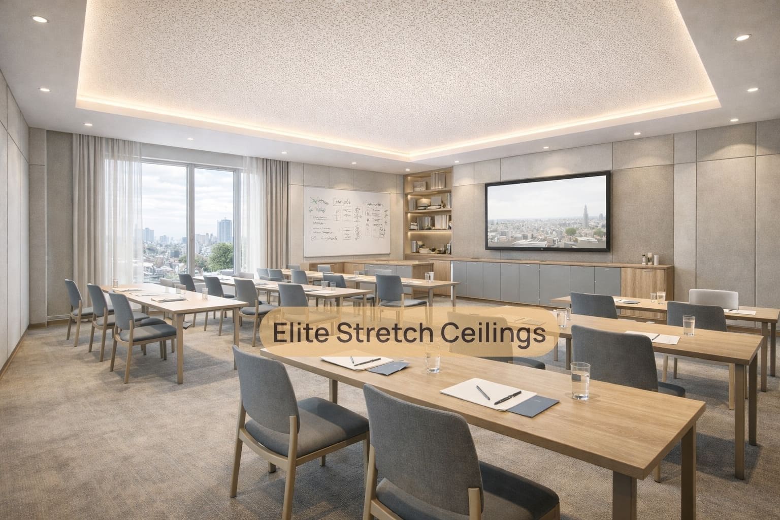 Office fabric stretch ceiling installation for a training room.