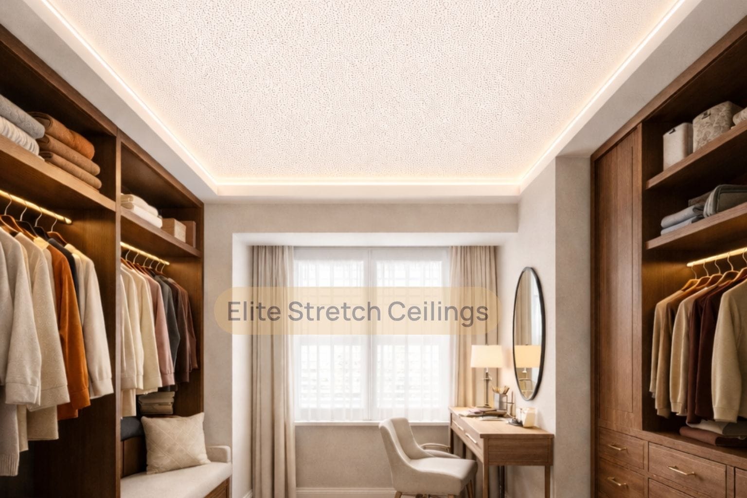 Residential fabric stretch ceiling installation for a dressing room.