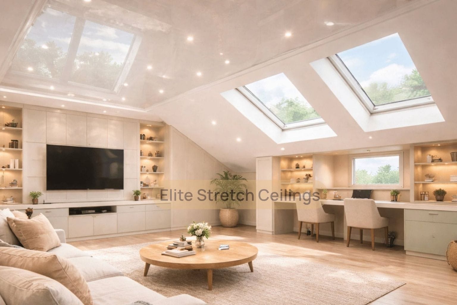 Residential gloss stretch ceiling installation for an attic room.