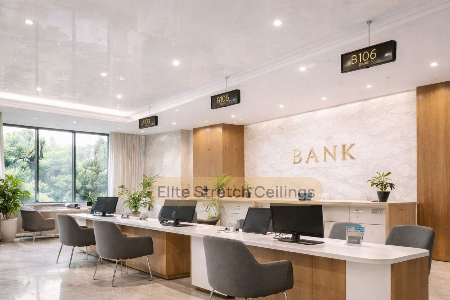 Office gloss stretch ceiling installation for a bank building.