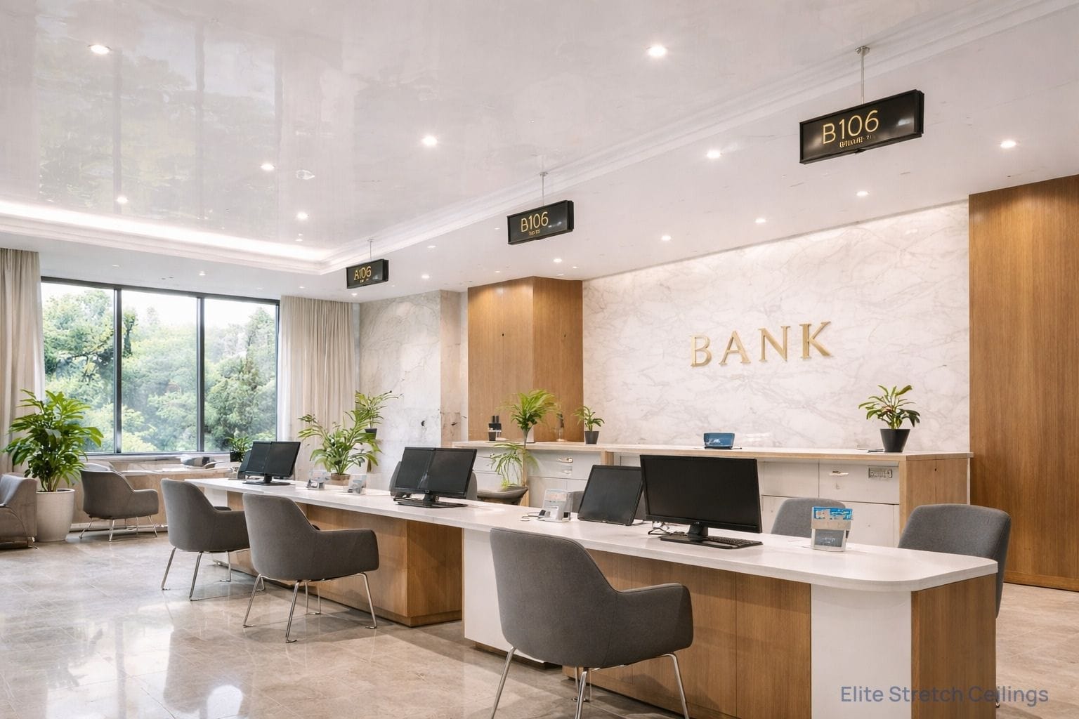 Office gloss stretch ceiling installation for a bank building.