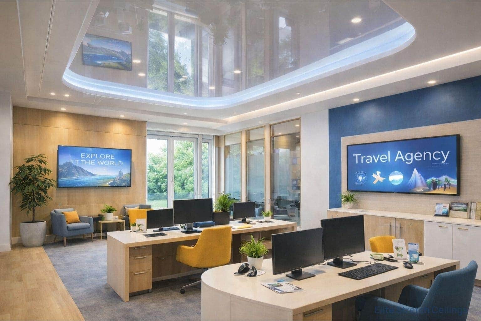 Office gloss stretch ceiling installation for a travel agency.