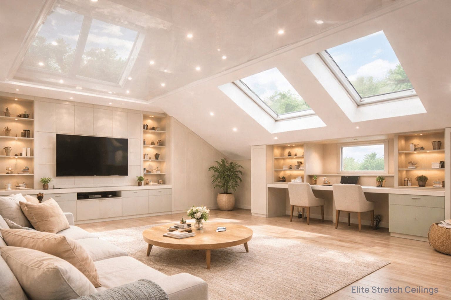 Residential gloss stretch ceiling installation for an attic room.