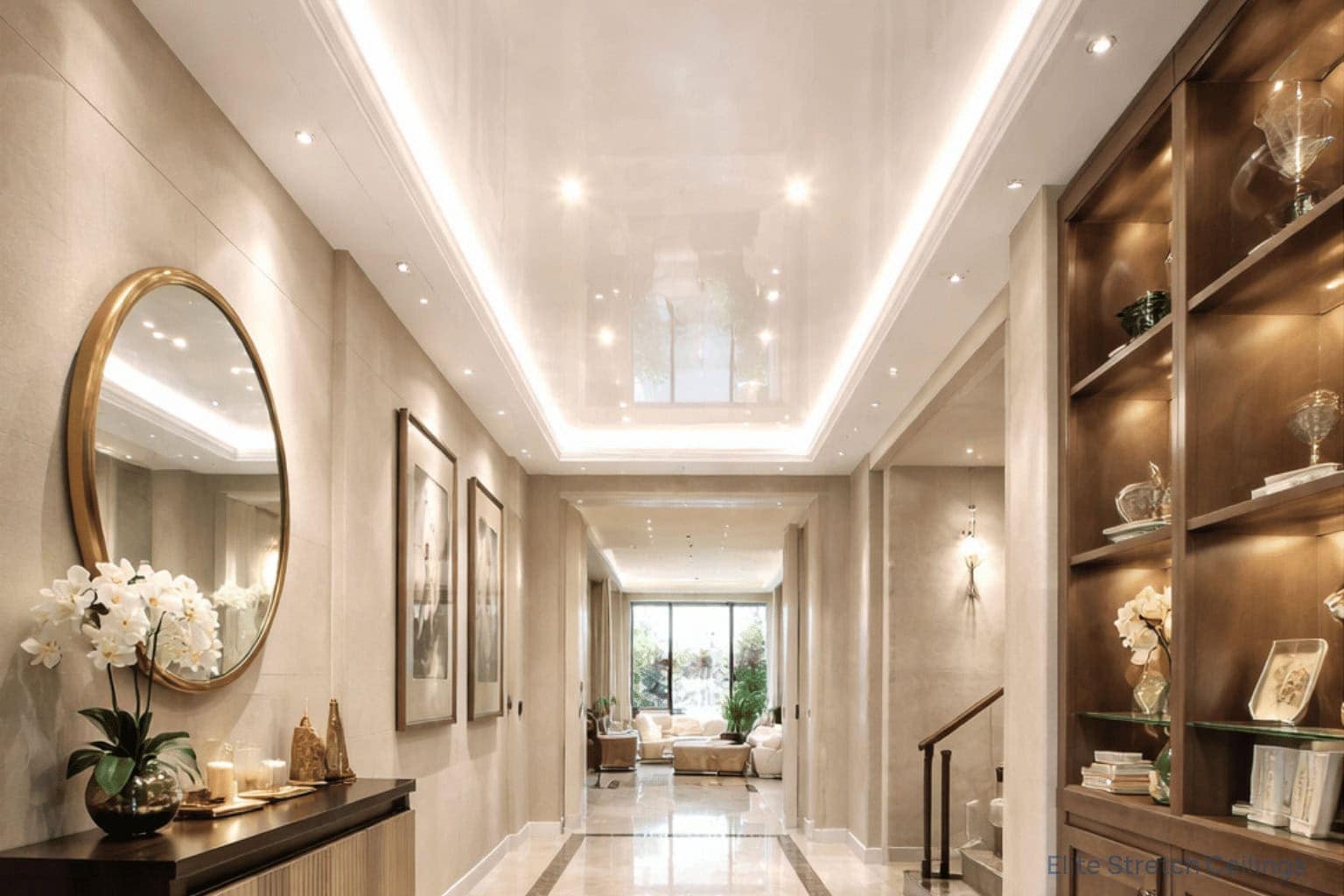 Residential gloss stretch ceiling installation for a hallway.