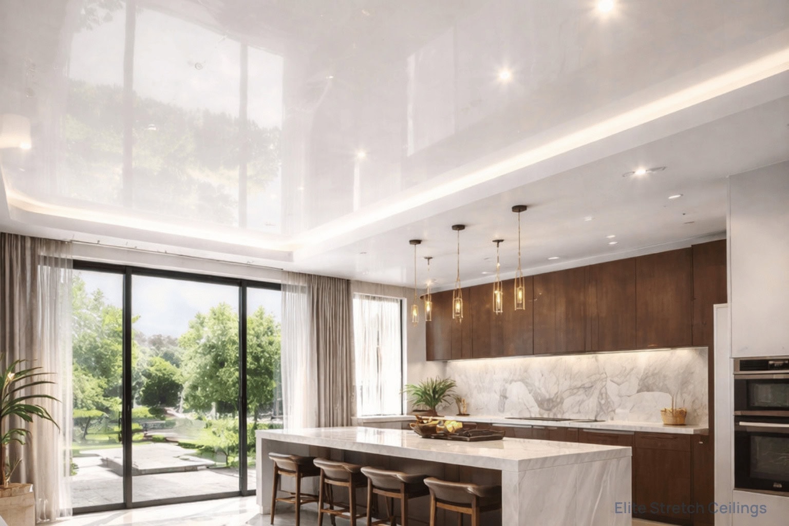 Residential gloss stretch ceiling installation for a kitchen.