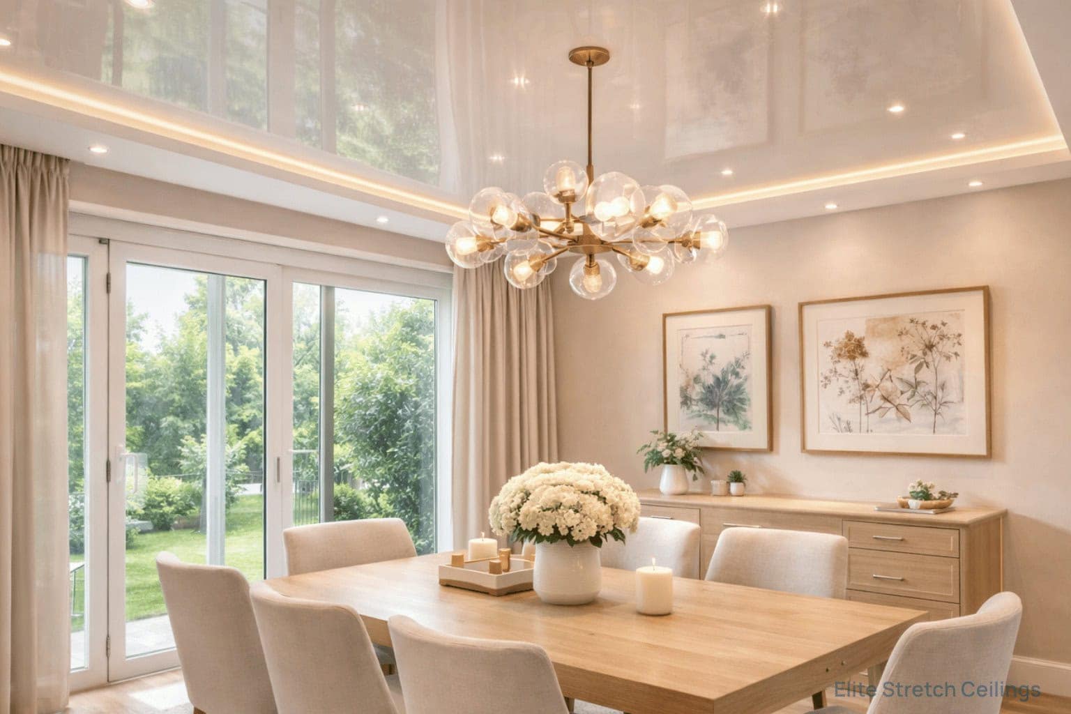 Residential gloss stretch ceiling installation for a dining room.