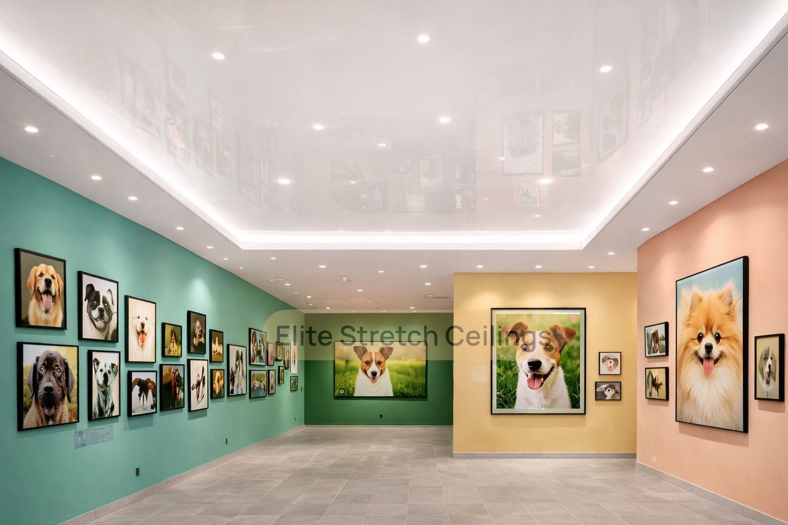Commercial gloss stretch ceiling installation for an art exhibition.