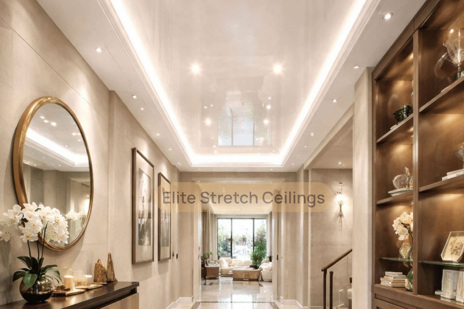 Residential gloss stretch ceiling installation for a hallway.