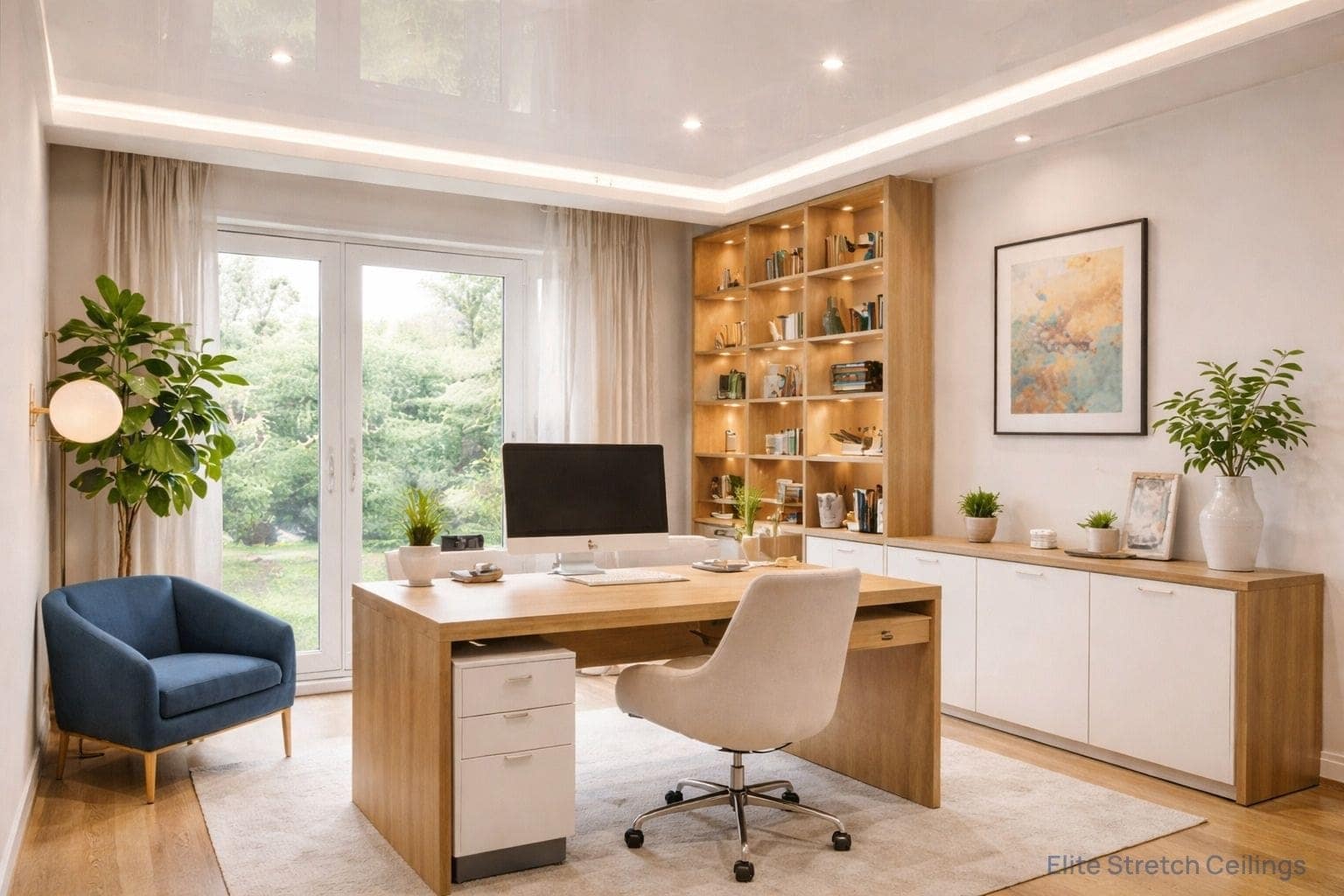 Office gloss stretch ceiling installation for a personal home office.