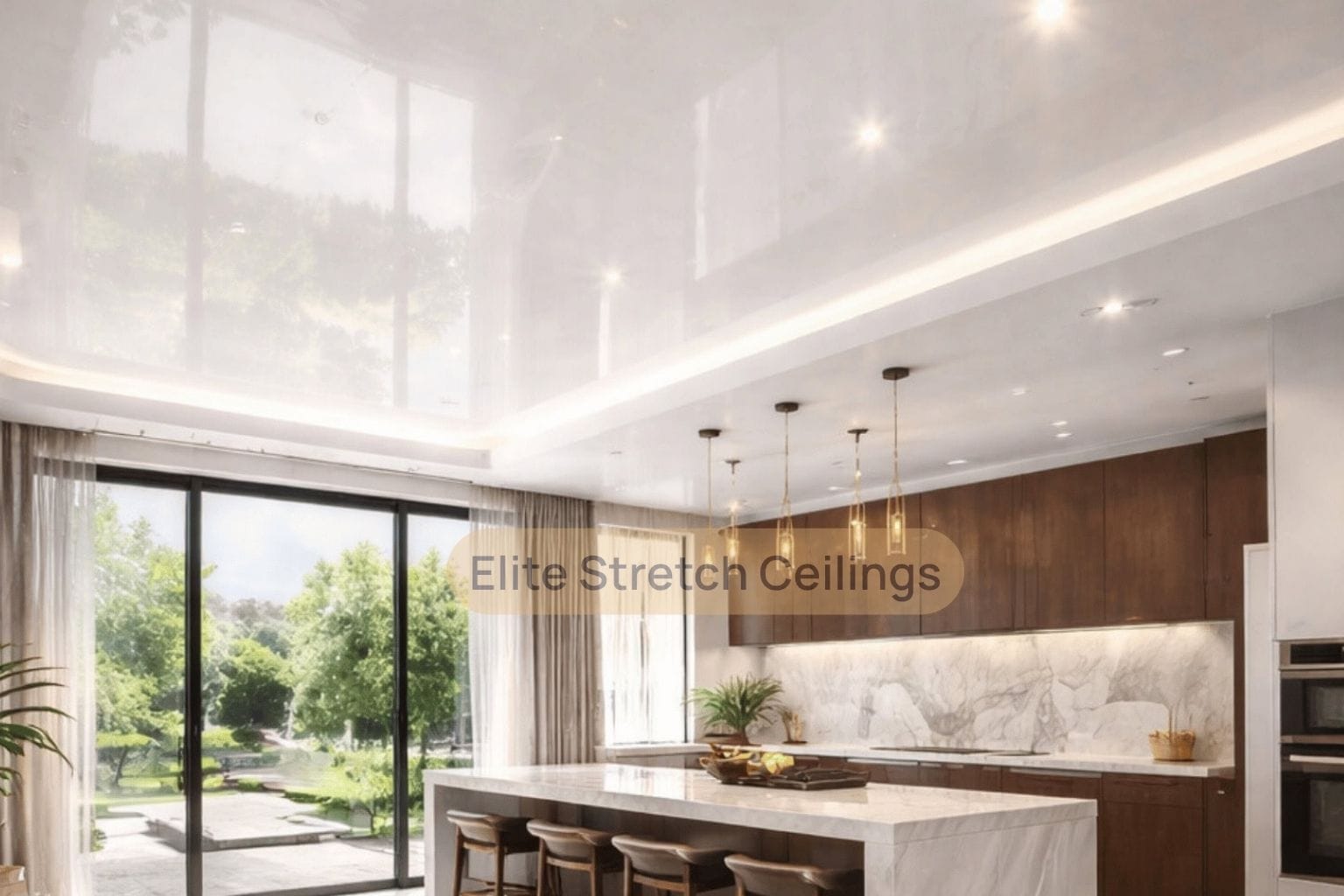Residential gloss stretch ceiling installation for a kitchen.