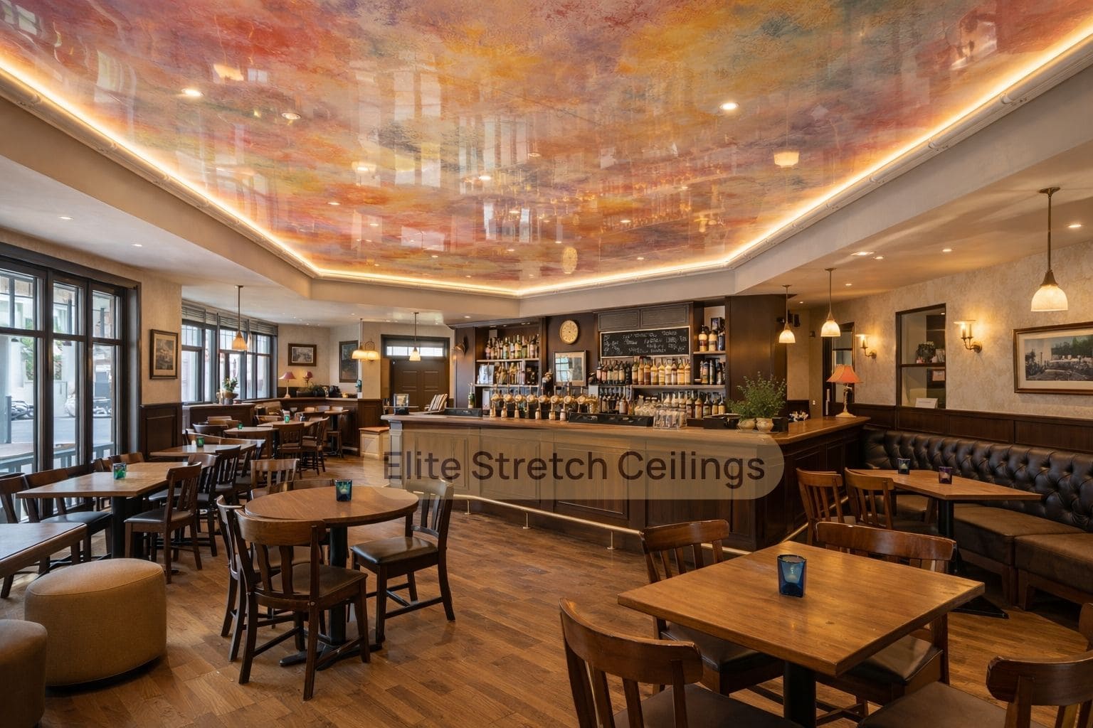 Commercial gloss stretch ceiling installation for a restaurant or pub.