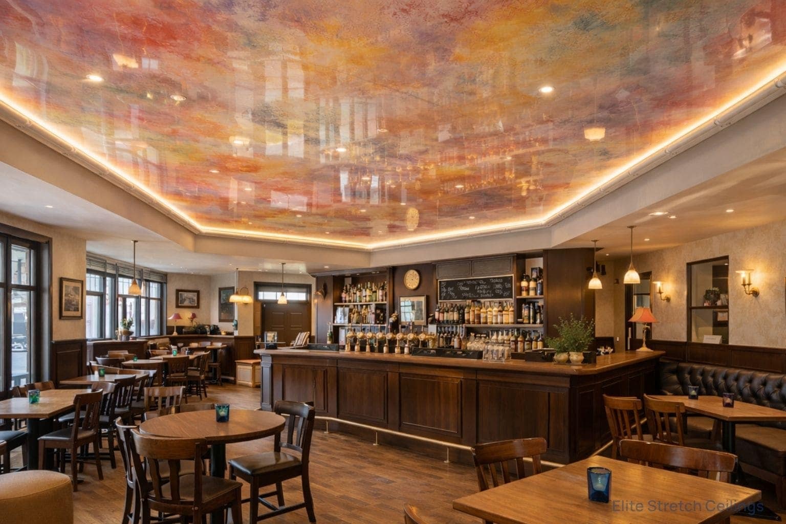 Commercial gloss stretch ceiling installation for a restaurant or pub.