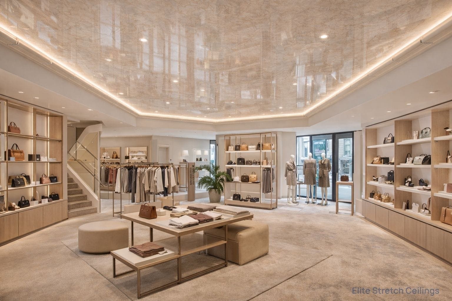 Commercial gloss stretch ceiling installation for a shop.