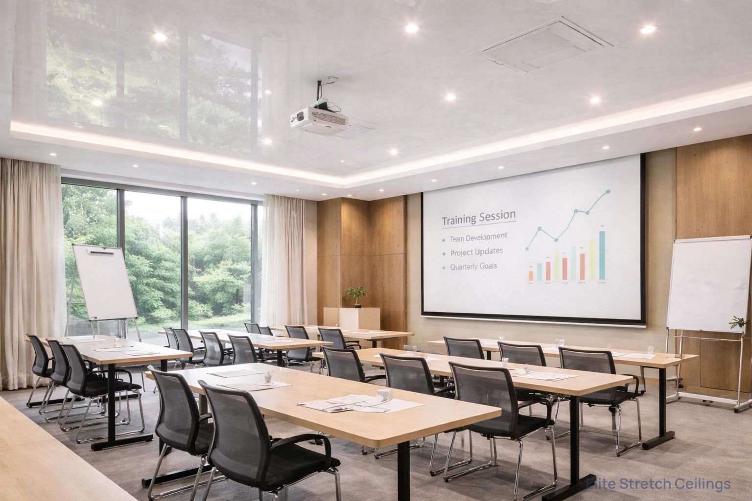Office gloss stretch ceiling installation for a training room.