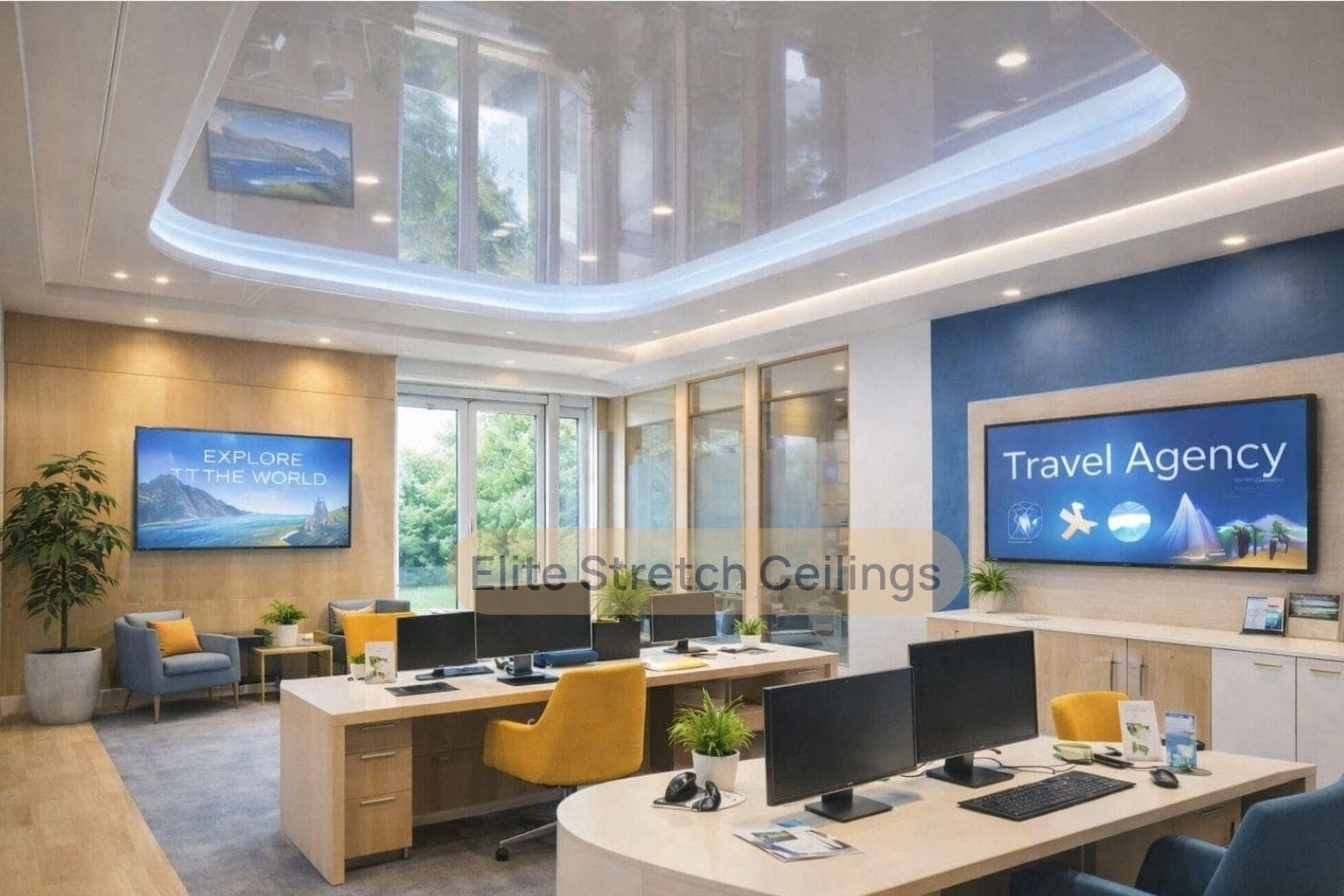 Office gloss stretch ceiling installation for a travel agency.