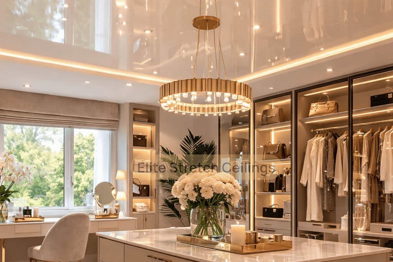 Residential gloss stretch ceiling installation for a dressing room.