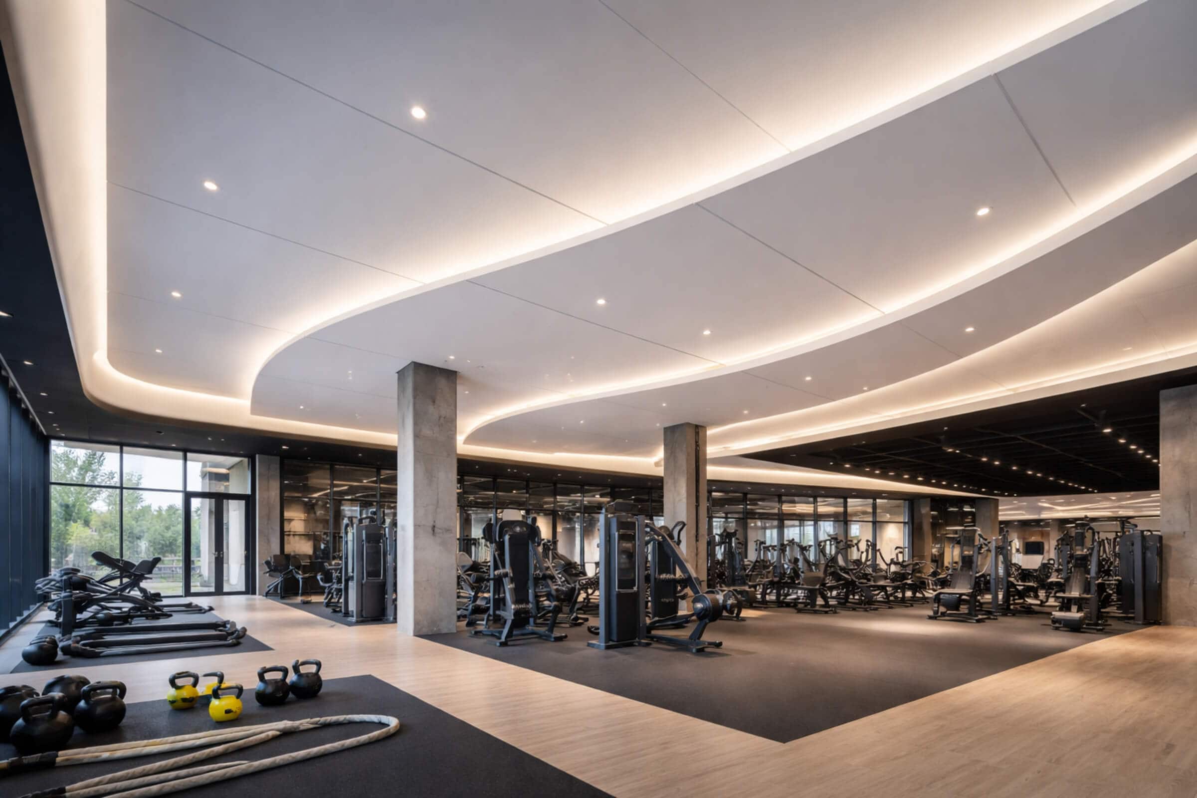 Commercial matte stretch ceiling installation for the gym