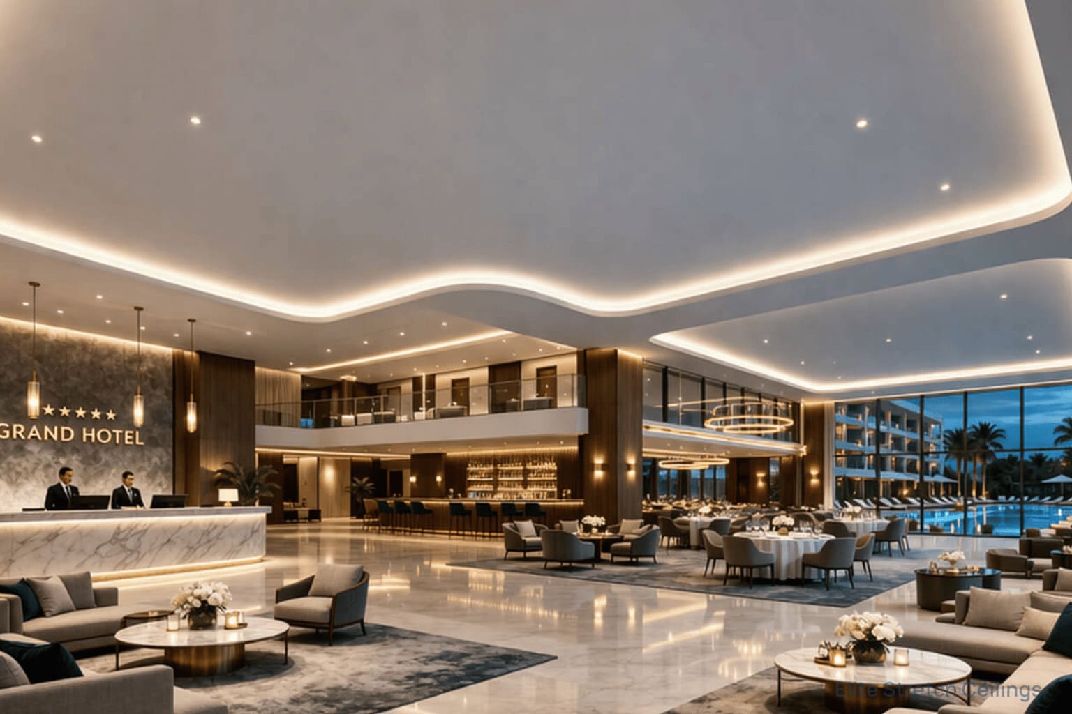 Commercial matte stretch ceiling installation for the hotel