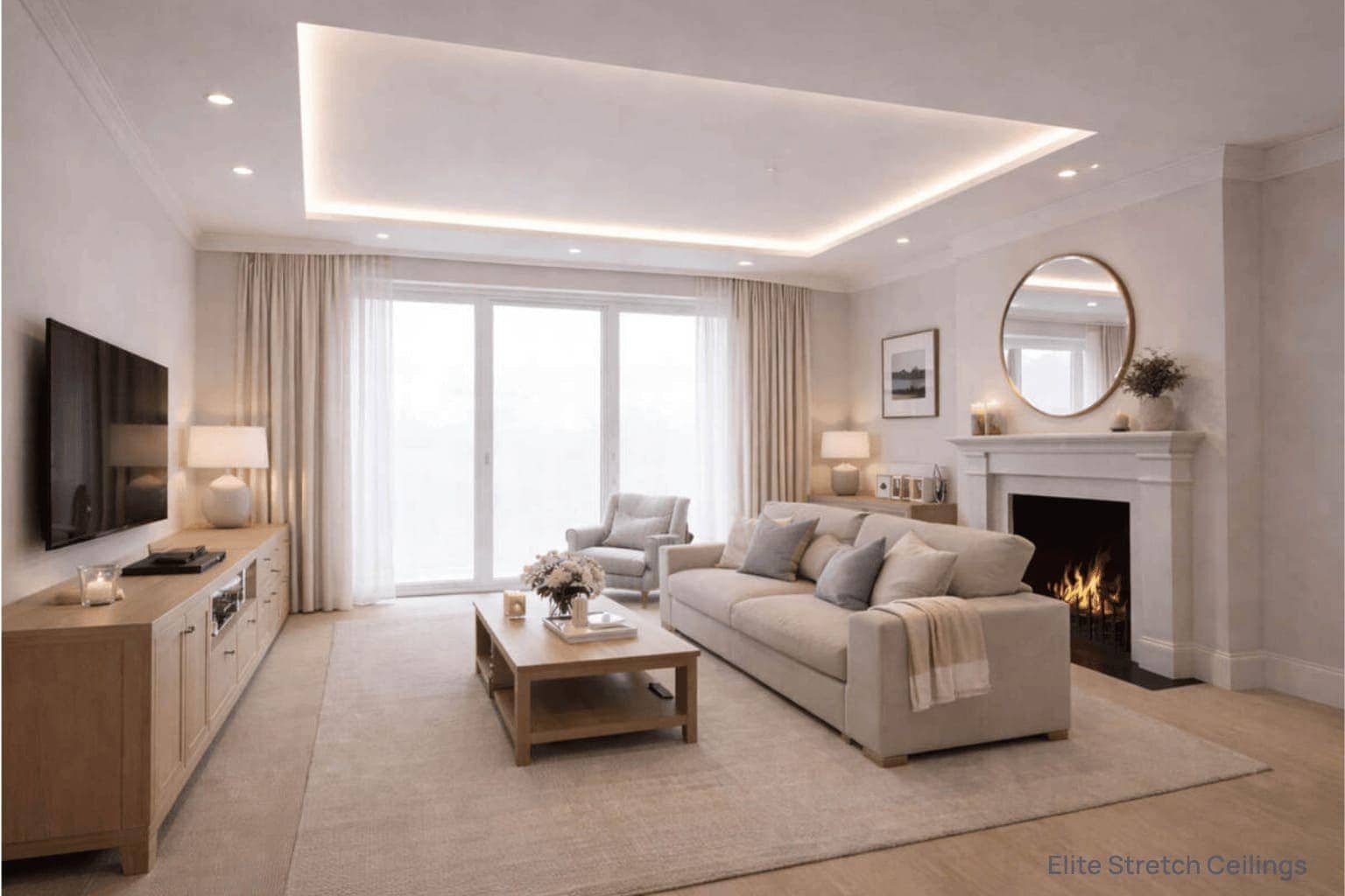 Residential matte stretch ceilings in the living room