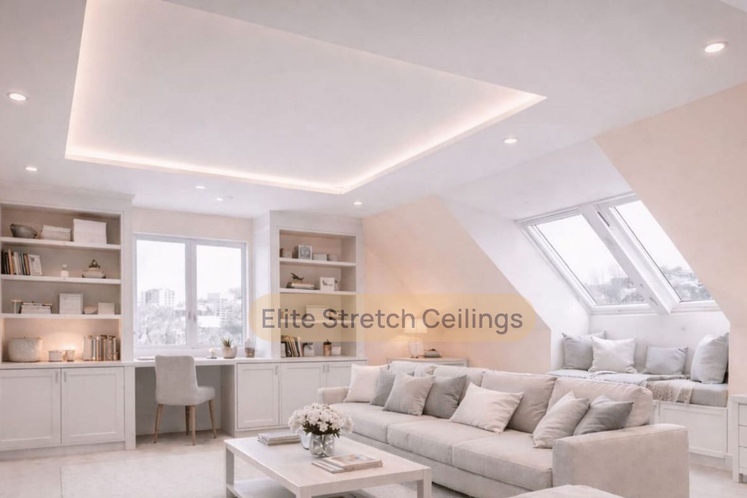 Residential matte stretch ceiling installation in an attic space.