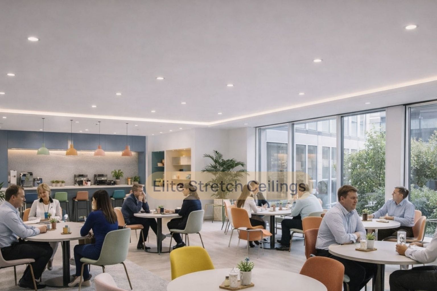 Office matte stretch ceiling installation in an office canteen.
