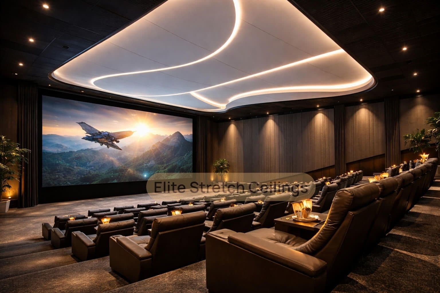 Commercial matte stretch ceiling installation in a cinema.