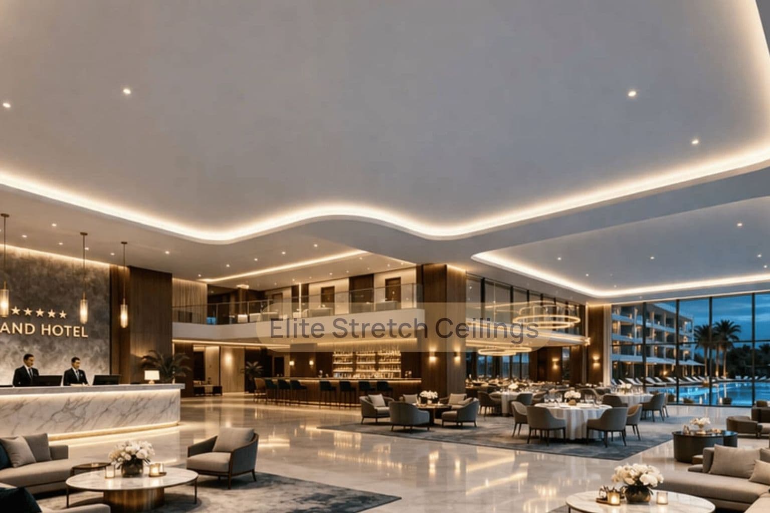 Commercial matte stretch ceiling installation in a hotel.