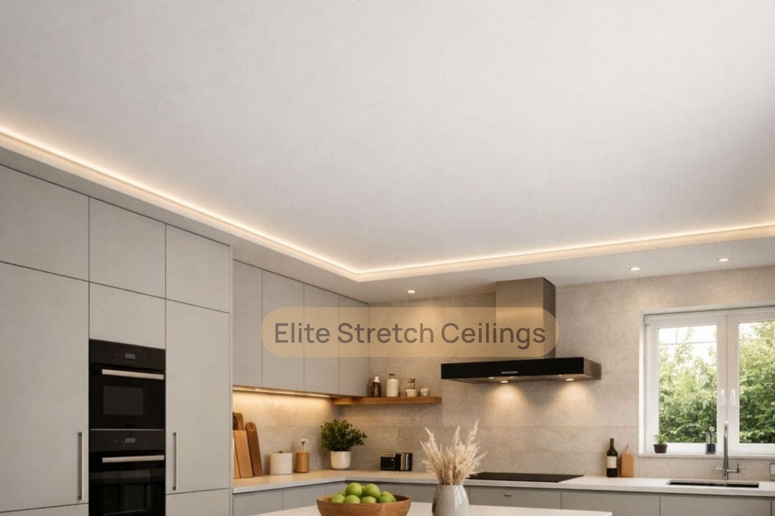 Residential matte stretch ceiling installation in a kitchen.