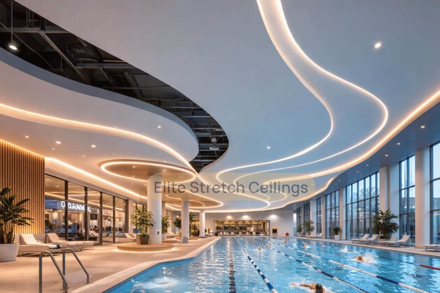 Commercial matte stretch ceiling installation in a leisure centre.
