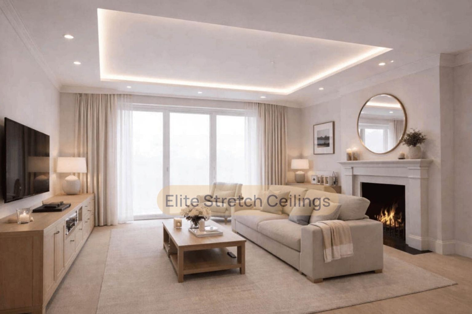 Residential matte stretch ceiling installation in a living room.