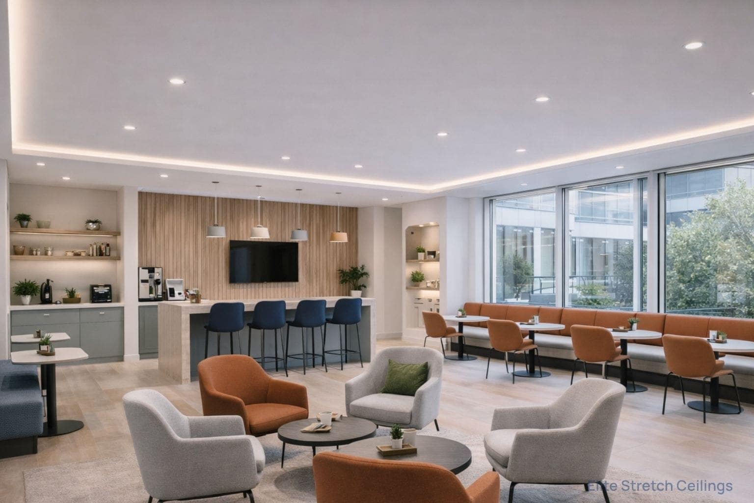 Office matte stretch ceiling installation for a breakout office room