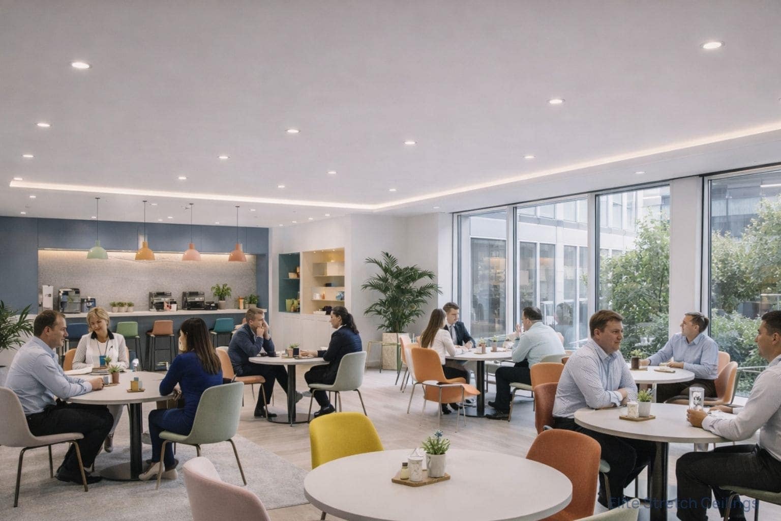 Office matte stretch ceiling installation for an office canteen space