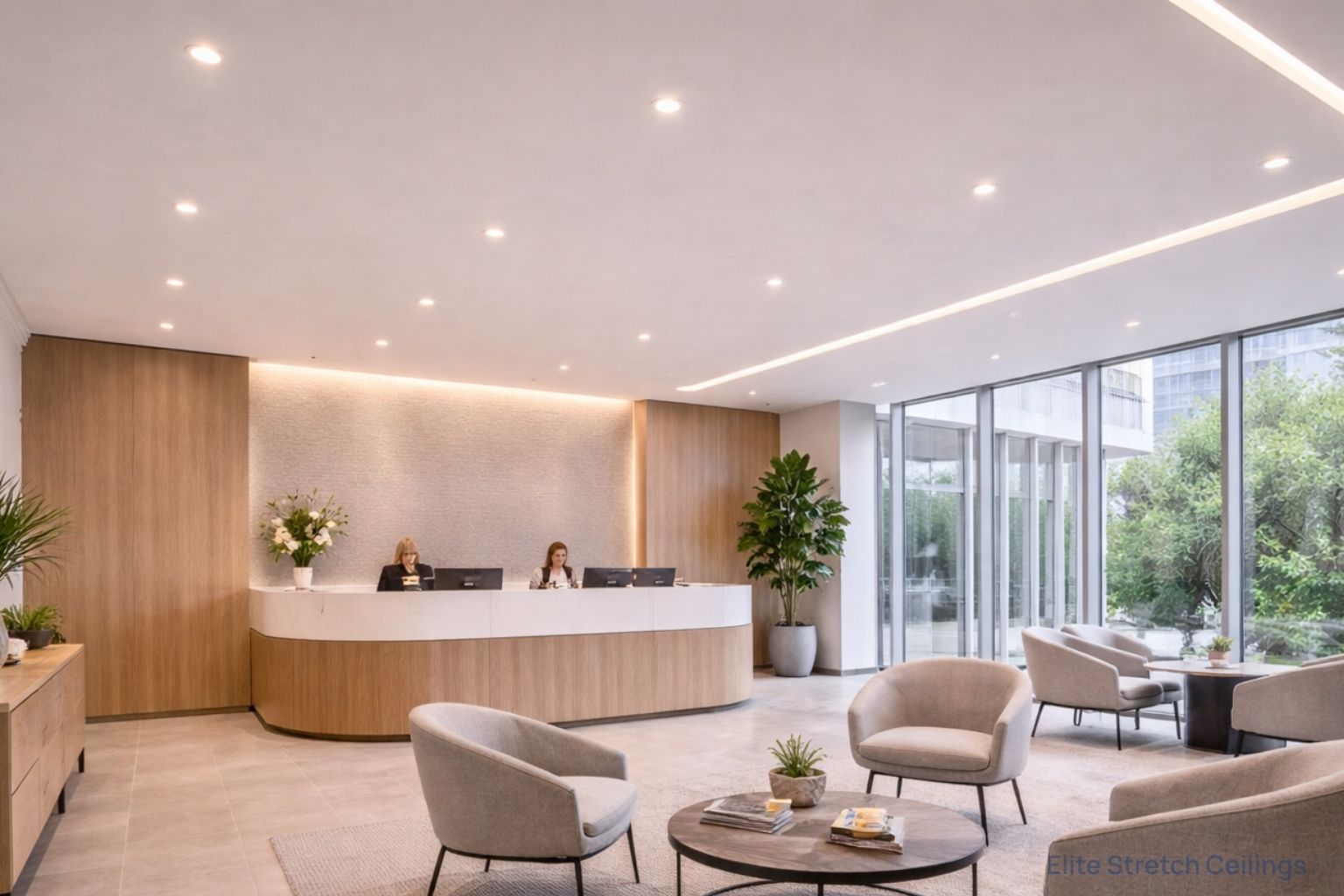 Office matte stretch ceiling installation for a reception space